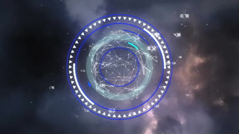 animation of circular scanner processing over global network over electric storm at night