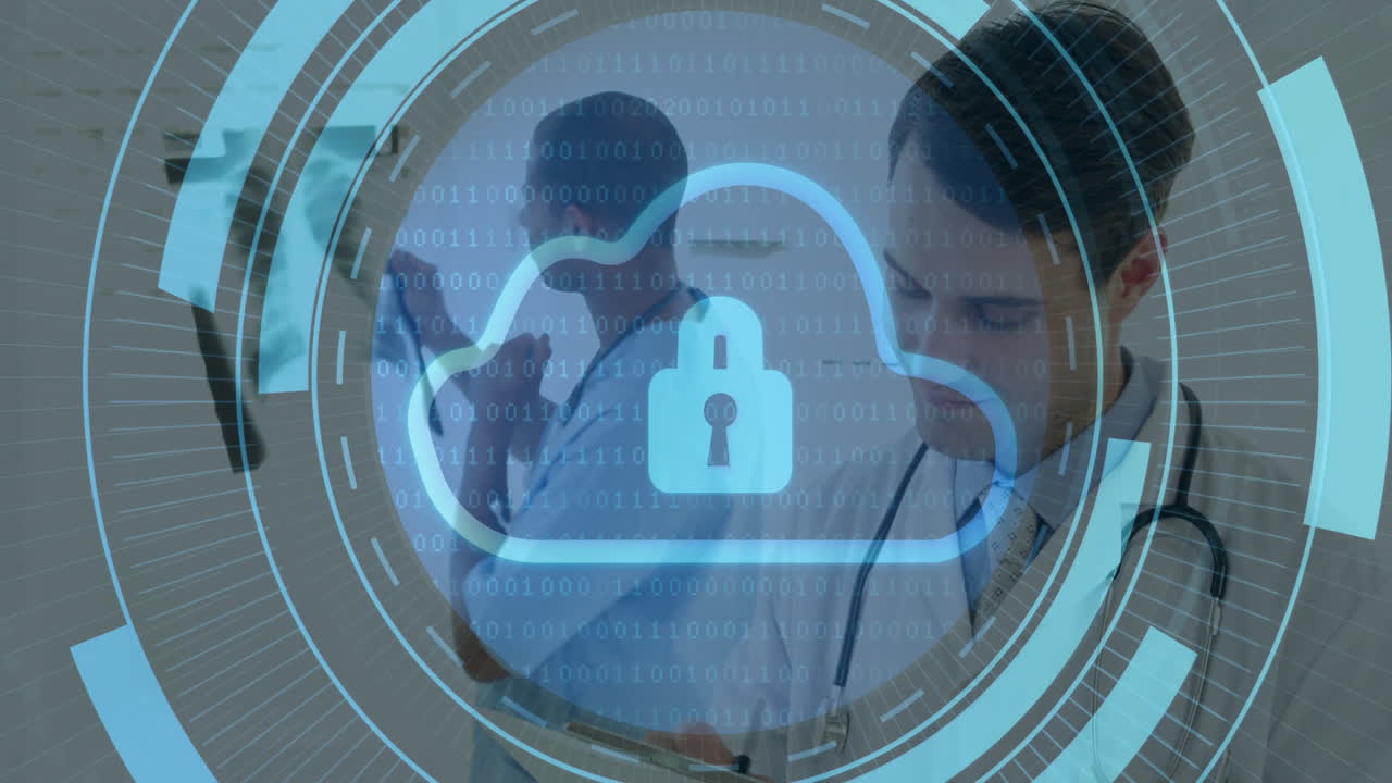 Male doctors examining X-ray films in medical lab, showcasing blue digital cloud lock with HUD