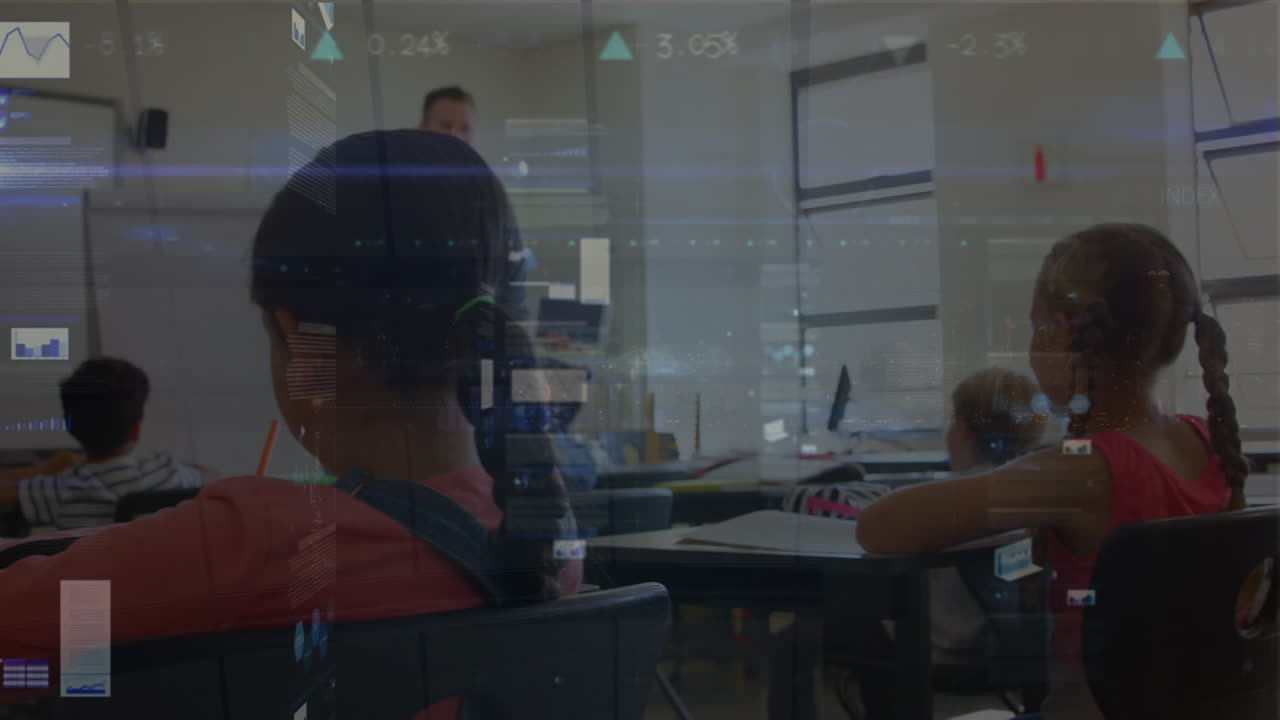 Animation of graphs and data over caucasian male teacher and class of diverse pupils