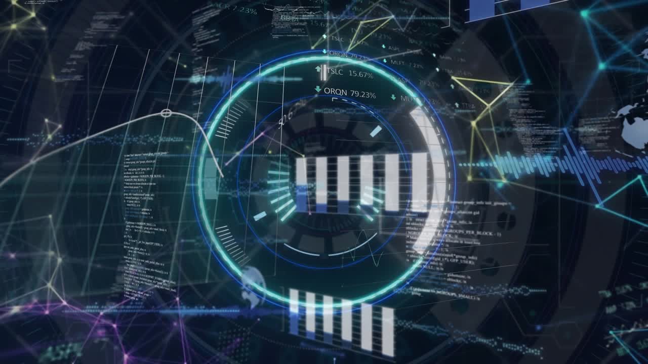 Animation of scope scanning over data processing on black background