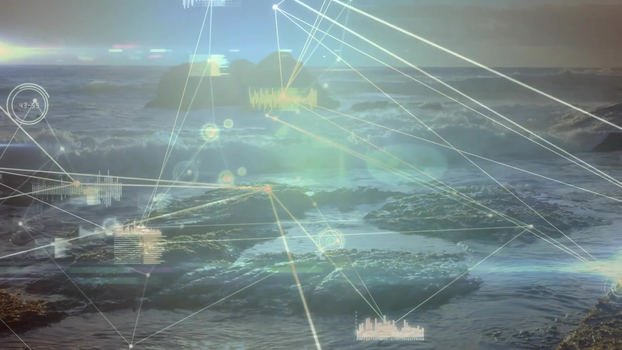 Grid overlay fading onto rocky shore, emerging gauges pulsing links between nodes mapping network