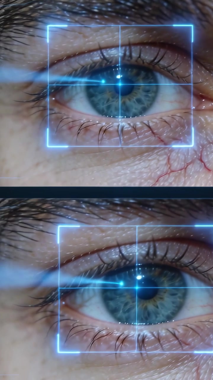 Vertical video: Fading overlay signaling probe entering cornea at clinic, bright dot scanning pupil