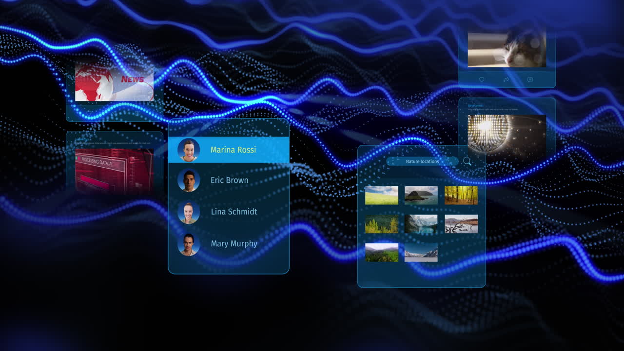 animación de la interfaz con las publicaciones de las redes sociales y los perfiles de las personas en fondo negro