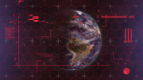 interfaz digital con procesamiento de datos contra el giro del globo sobre fondo púrpura