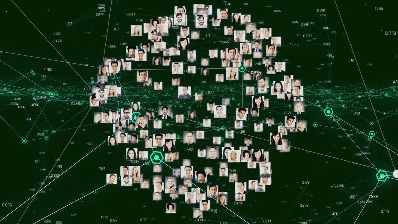 배경에 연결된 점과 숫자 위에 지구를 형성하는 프로필 사진의 애니메이션