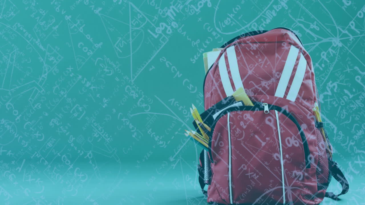 Animation of mathematical equations over backpack on green background