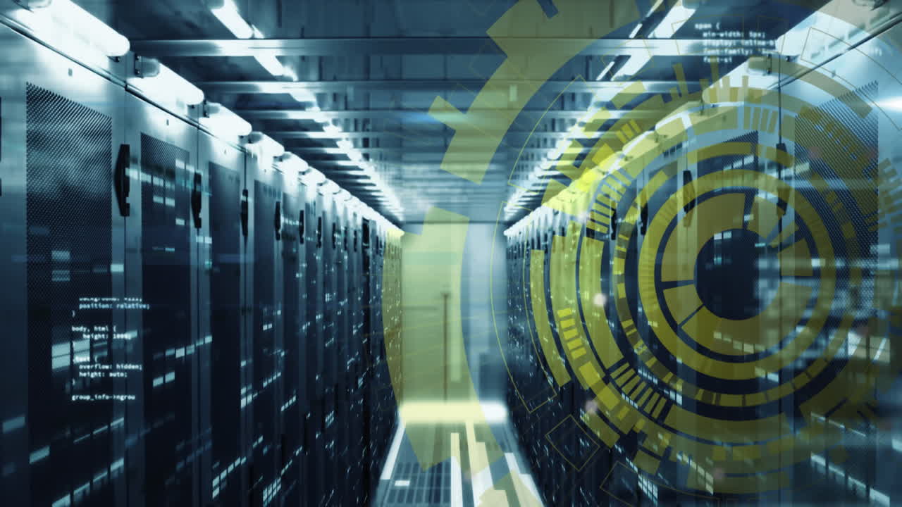 animación de círculos de carga sobre el lenguaje de la computadora contra barras en la sala del servidor