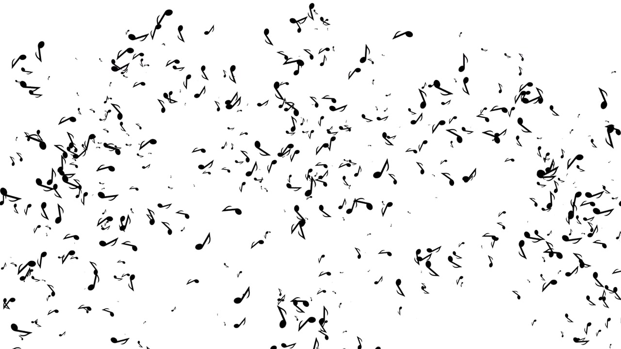 Abstrakt animation af faldende musiknoder på hvid baggrund