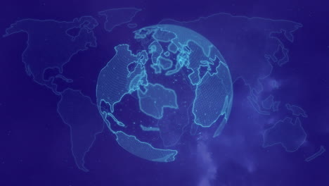 animation of globe and world map over dark clouds