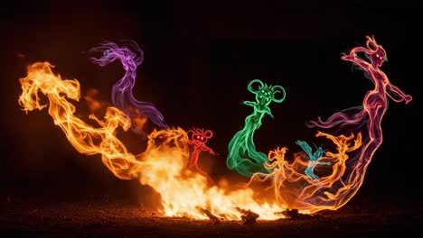 a spectacular display of colorful flames and ethereal spirits dancing in the night, creating a mesmerizing fusion of fire and fantasy in two frames
