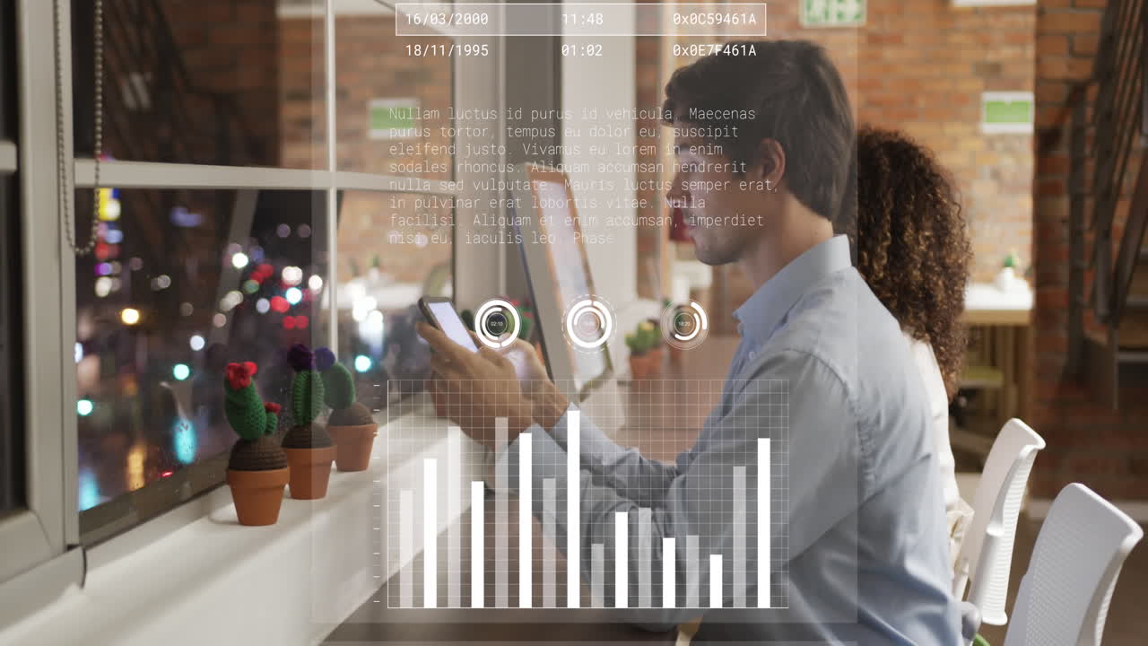 animación del procesamiento de datos financieros sobre diversas personas de negocios en la oficina