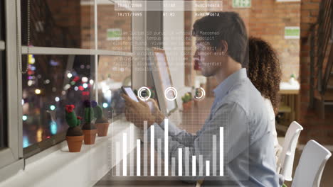 animation of financial data processing over diverse business people in office