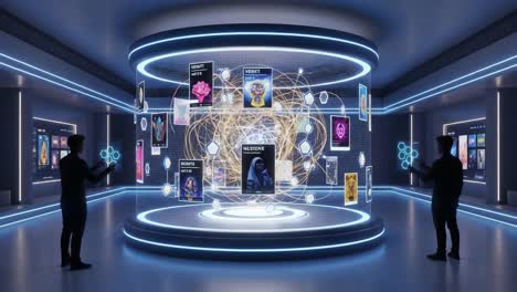 exploring a digital gallery with interactive displays and dynamic artworks in a futuristic virtual space environment connected by energetic light patterns