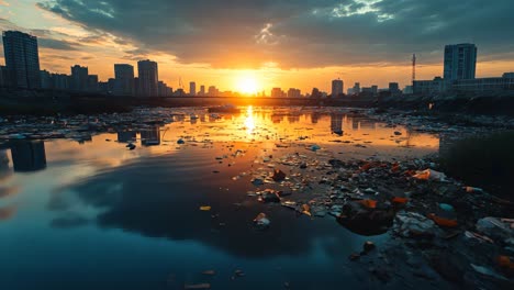 urban sunset over polluted river with debris and city skyline