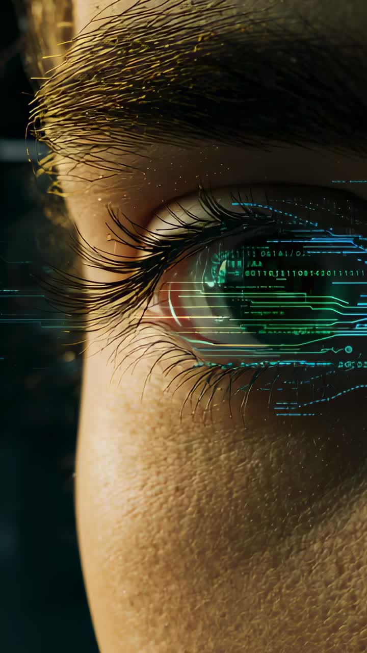 Vertical video: Overlay appearing while right eye opening in dark lab, ring HUD scanning glyphs