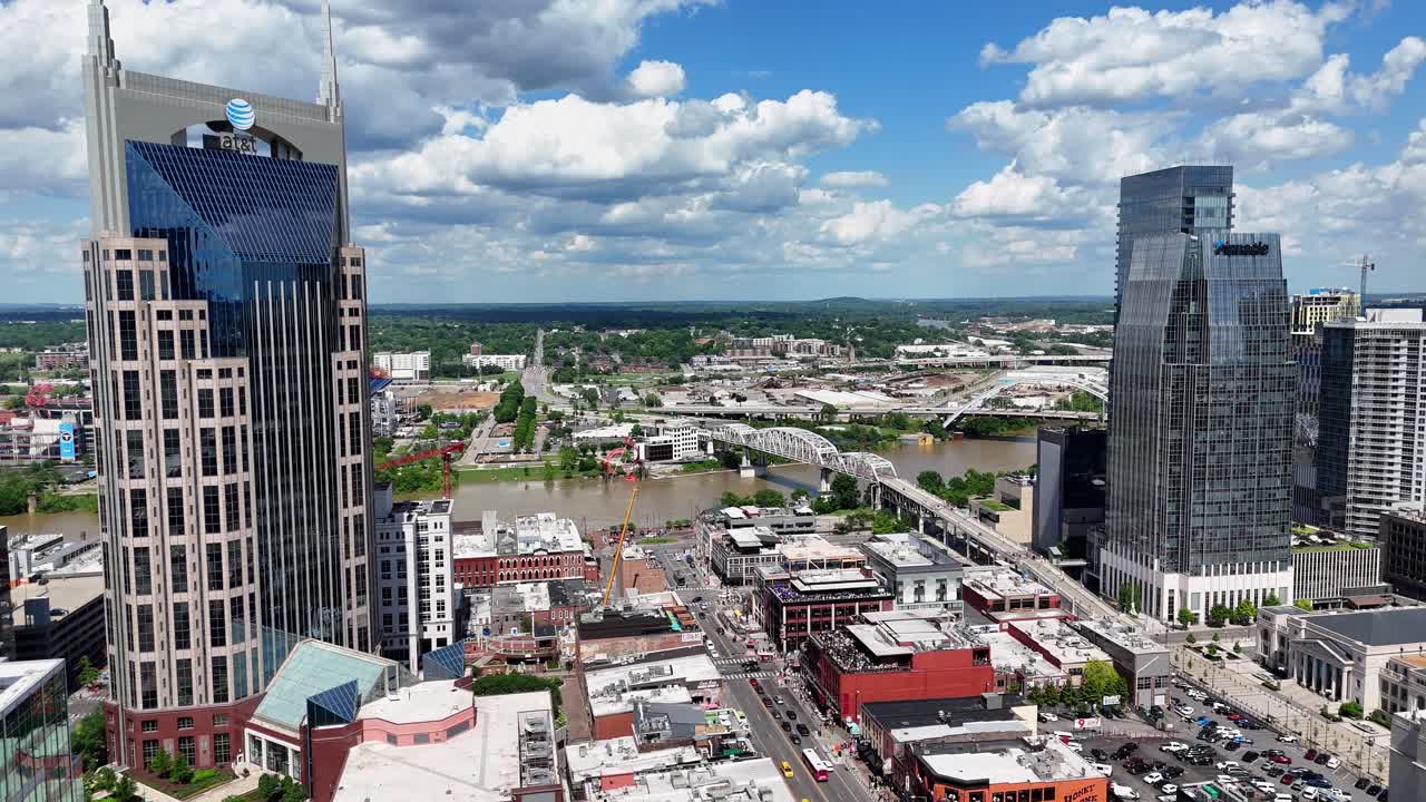 Aerial shot tiliting down to Broadway Street.