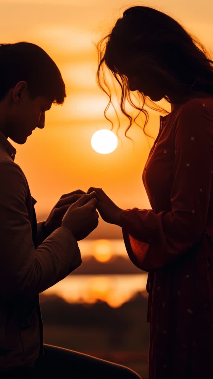 Silhouette of a couple at sunset, with a romantic proposal theme. Shot from a side angle, perfect
