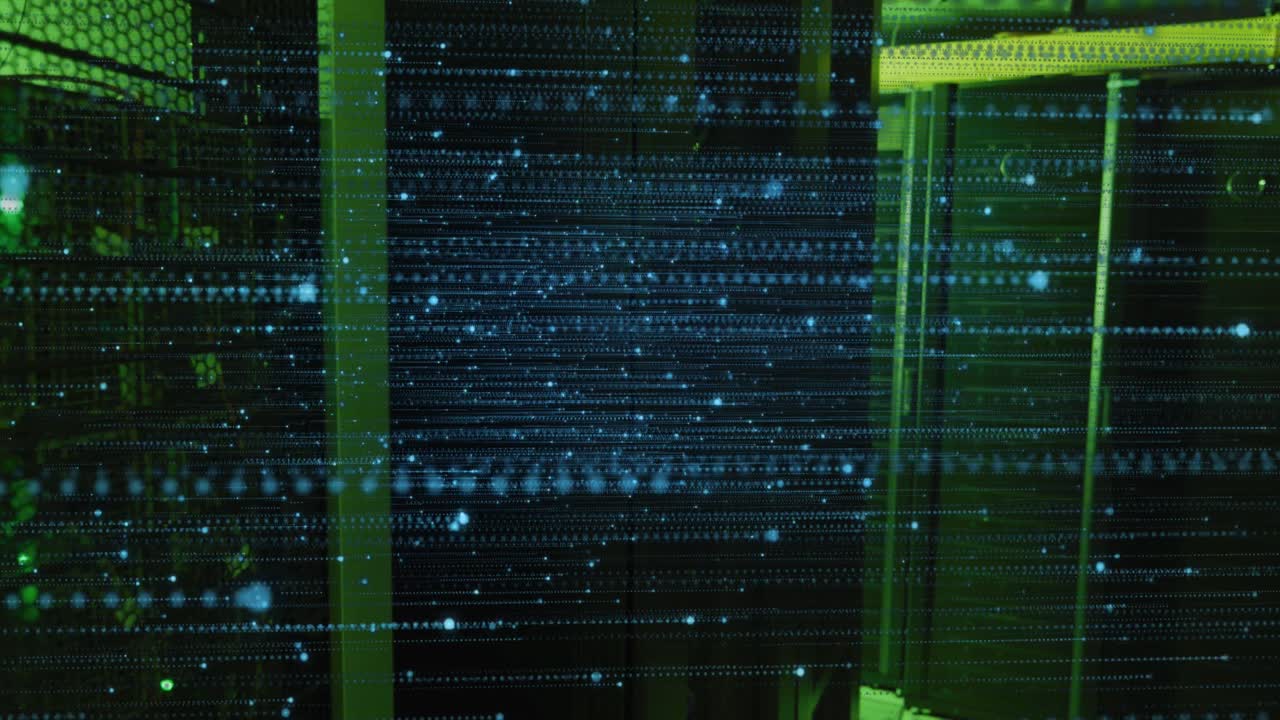 Animation of illuminated moving dots over data server room in background
