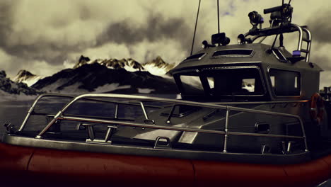 rescue boat preparing for action in rugged coastal landscape under cloudy sky