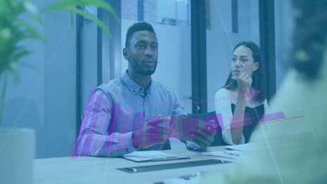 animation of graph over diverse business people having meeting at office