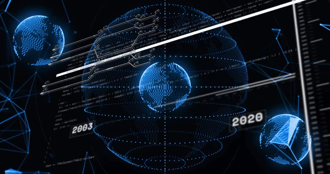 2008 dotted globe showing sparking timeline sweep, globe rotating with nodes aligning to show data