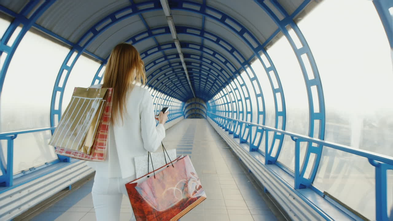 세련된 여성이 쇼핑백을 들고 전화로 성공적인 쇼핑 개념을 이야기합니다.