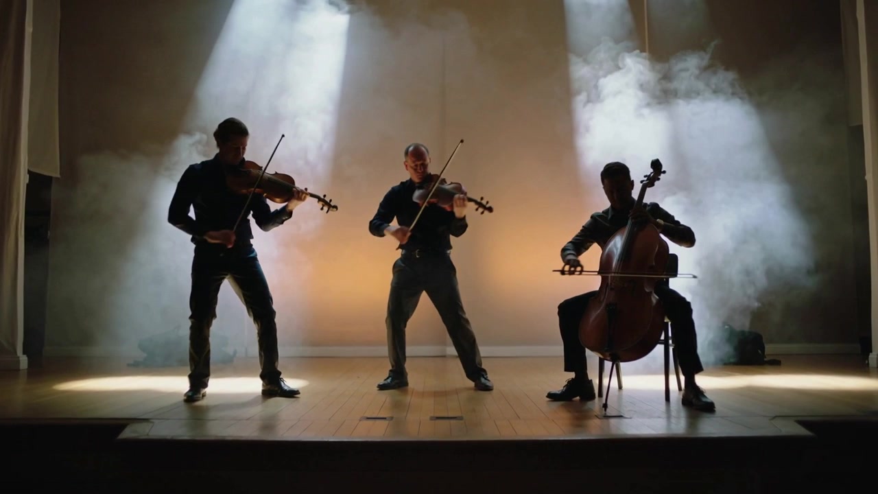 Lampu sorot menyinari trio alat musik gesek berbusana hitam, tampil di panggung prosenium diiringi biola, cello, dan kabut.