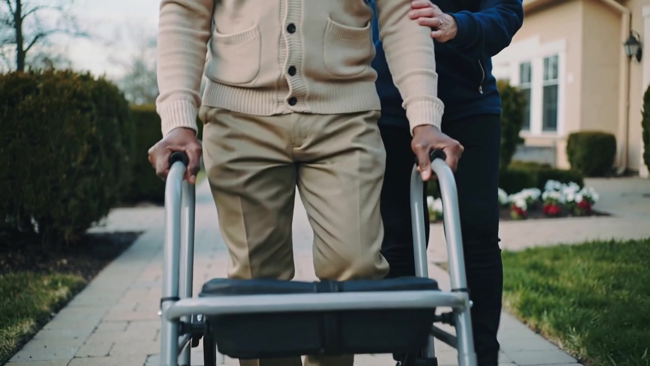 Gående ældre mand tager første skridt mod huset, iført cardigan, med rollator, hjælper støtter, badge.