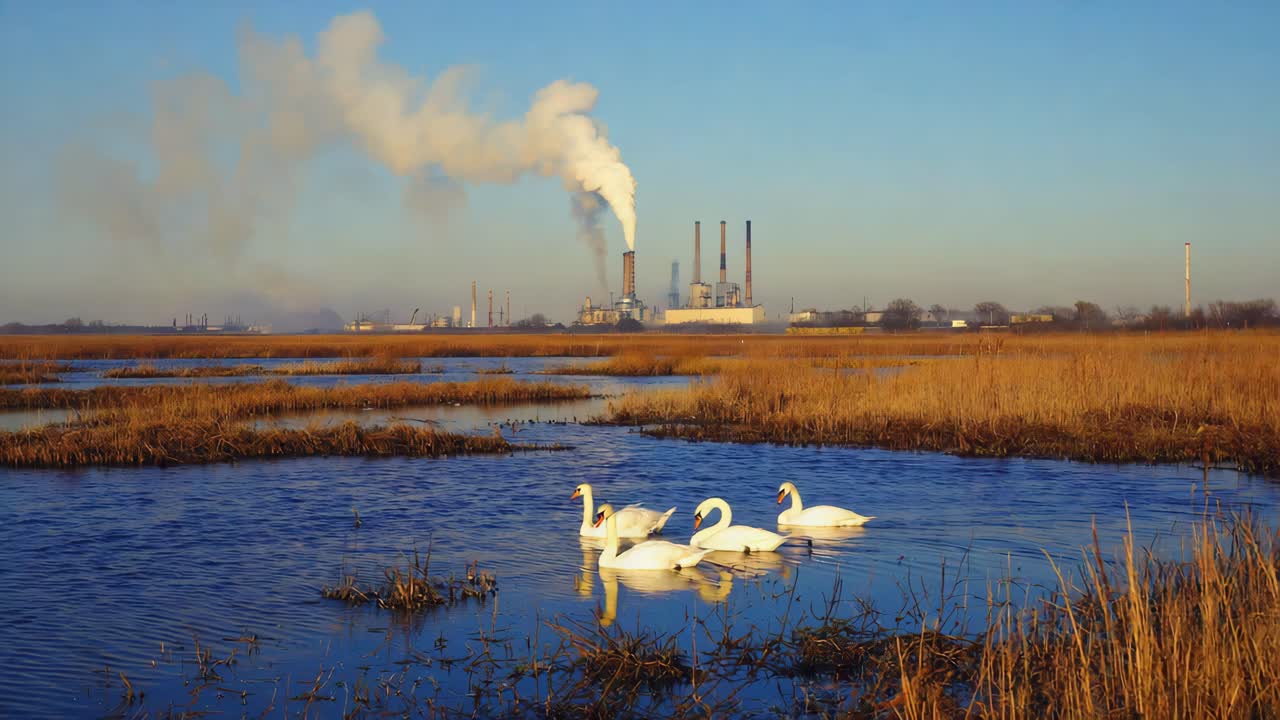 Swans in Industrial Landscape