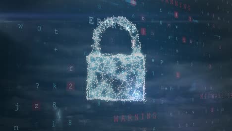 Animation of padlock icon and cyber attack warning over sky with clouds
