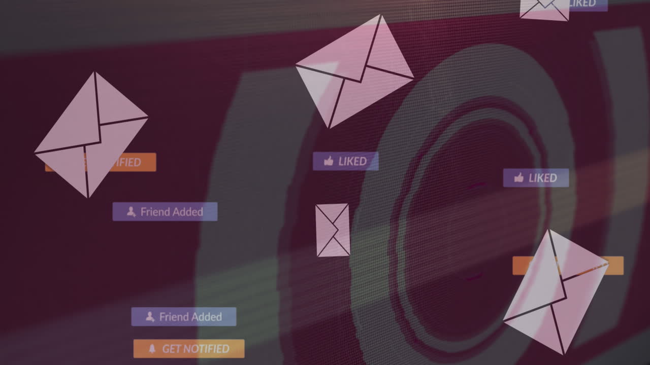 Animation of social media icons over envelopes and scope scanning