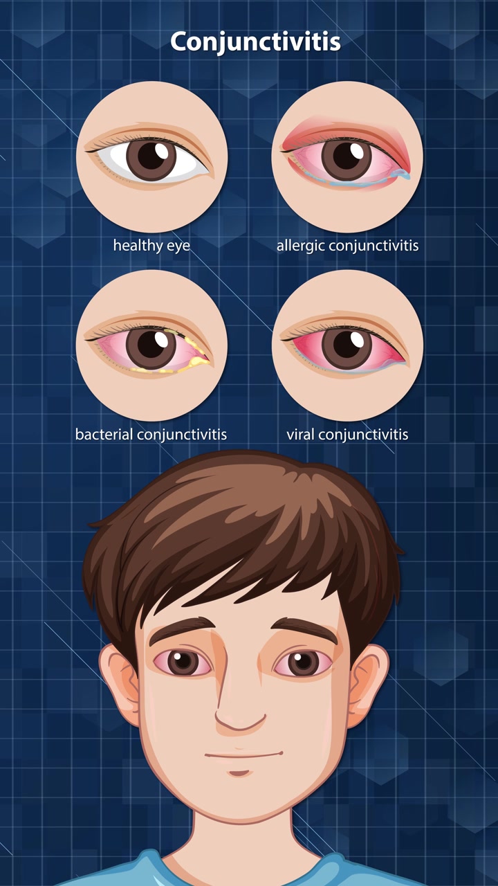 Sequenza animata che spiega i tipi di congiuntivite con primi piani, diagrammi etichettati e comparsa graduale dei sintomi.