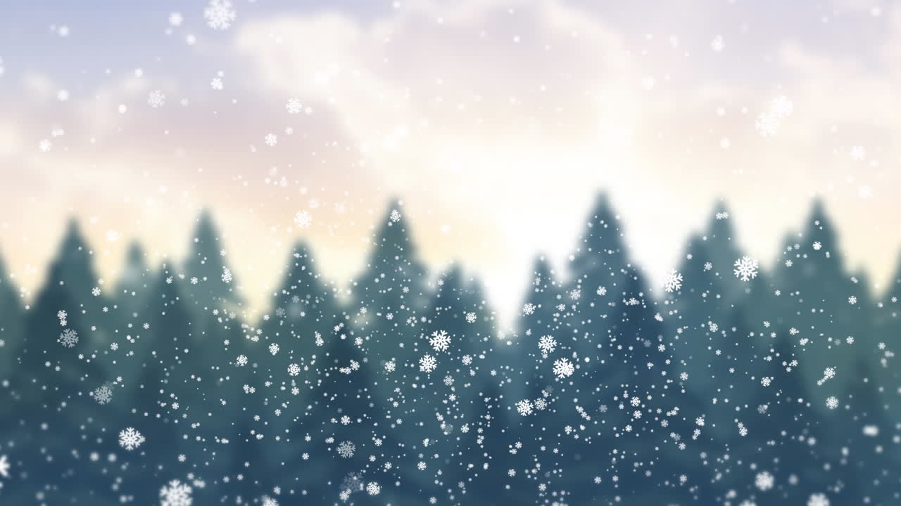 Animation of snow falling over christmas winter scenery with fir trees