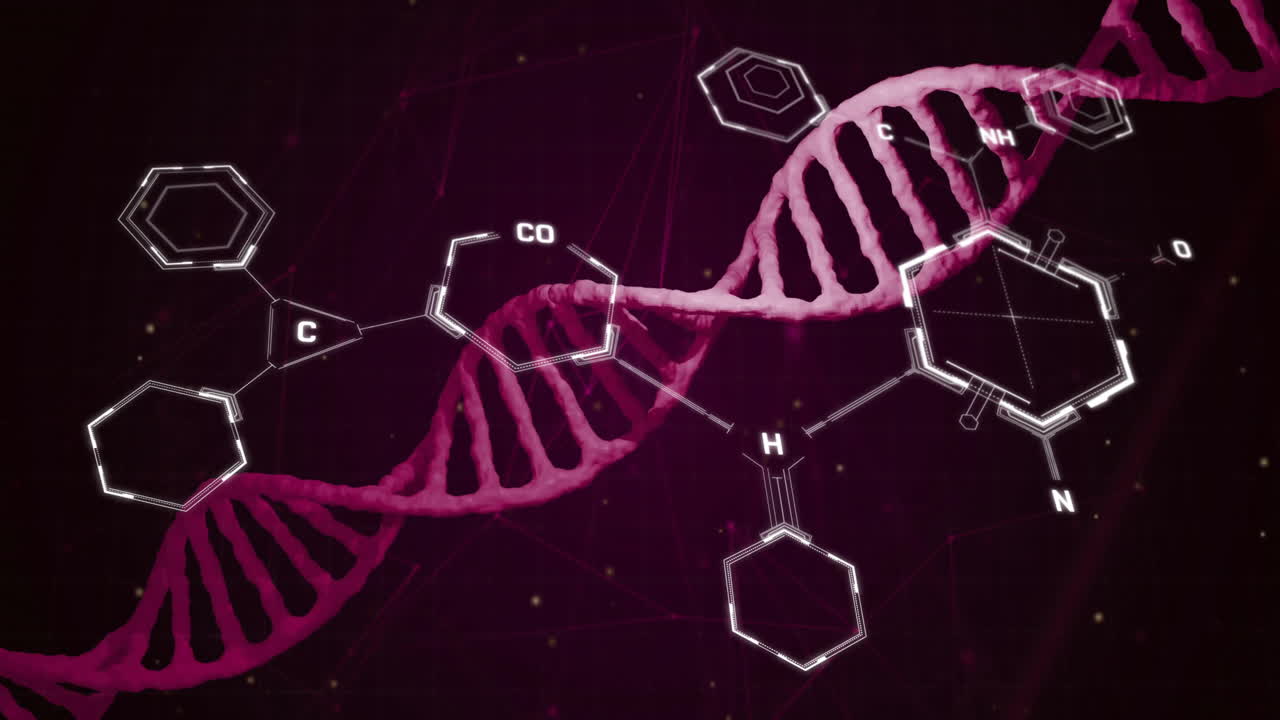 Animazione di una formula chimica su un filamento di DNA