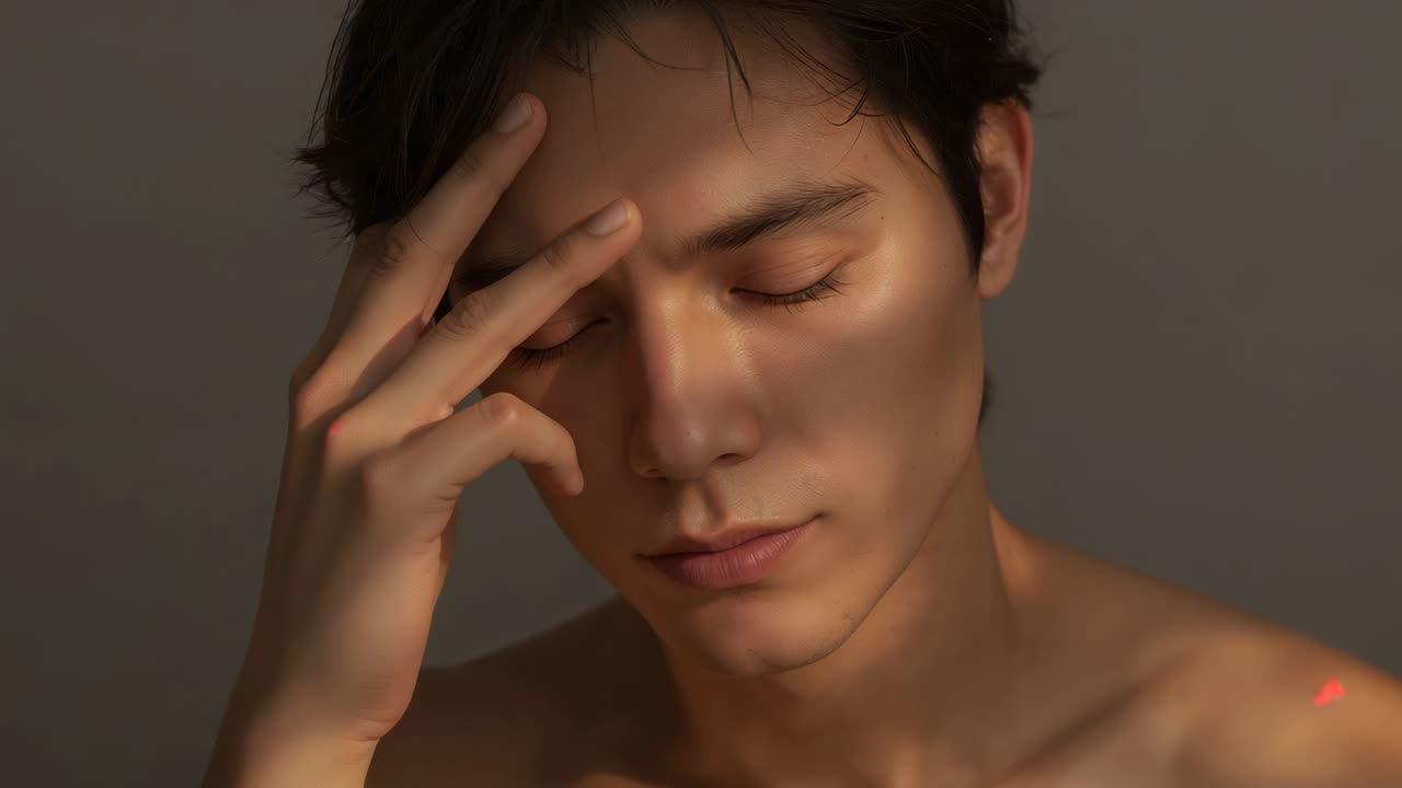 상의를 탈의한 남성이 관자놀이에서 볼로 오른손을 움직이는 모습, 회색 배경, 따뜻한 조명, 빨간색 자국