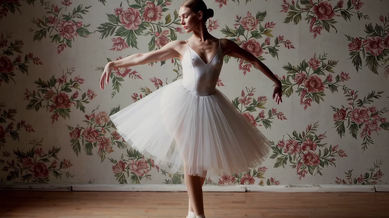 A Ballerina in a White Tutu Posing Against a Floral Background