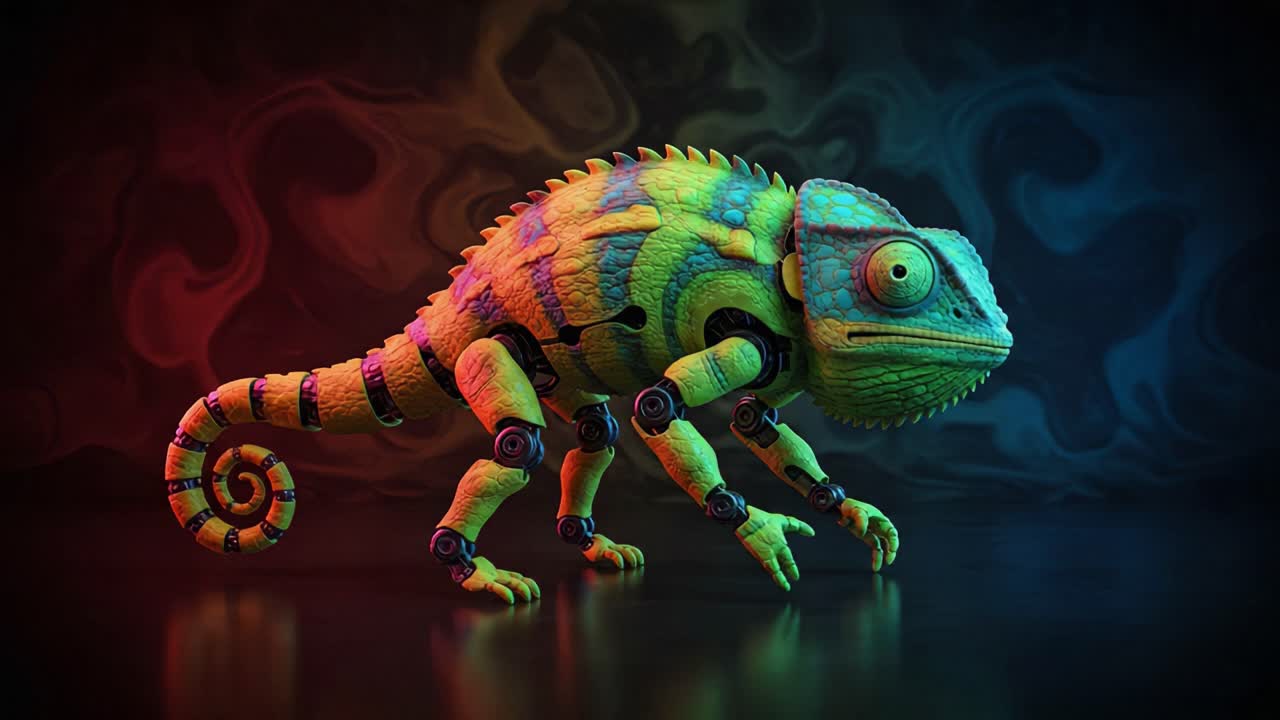 A Colorful Robotic Chameleon with Mechanical Features Against a Dramatic Background, Showcasing Intricate Details and Vivid Colors in a Futuristic Style
