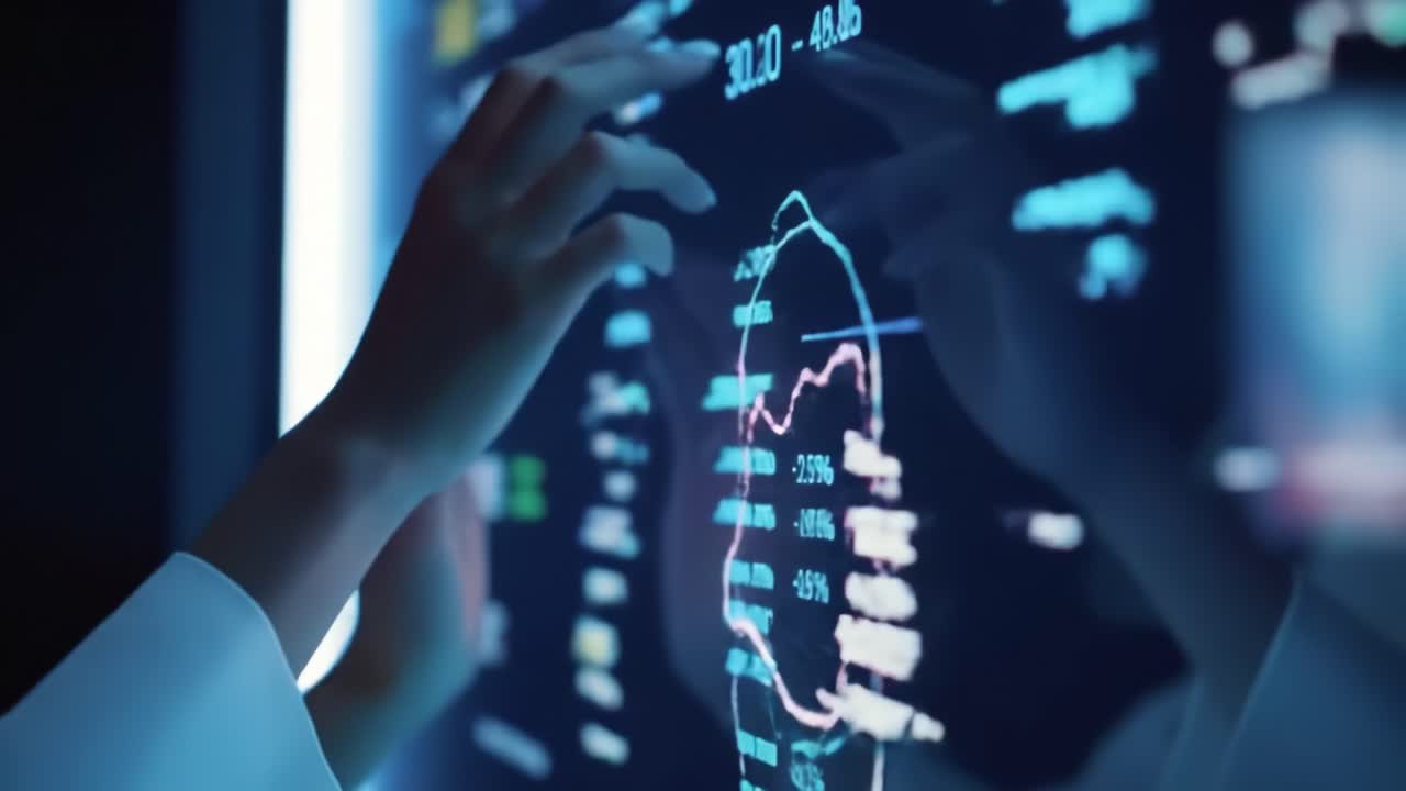 Person analyzing data on a large interactive display