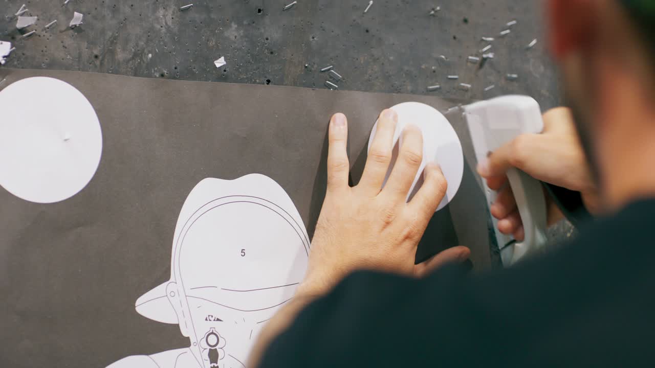 primer plano de las manos de un hombre enganchando un objetivo de campo de tiro a una pared