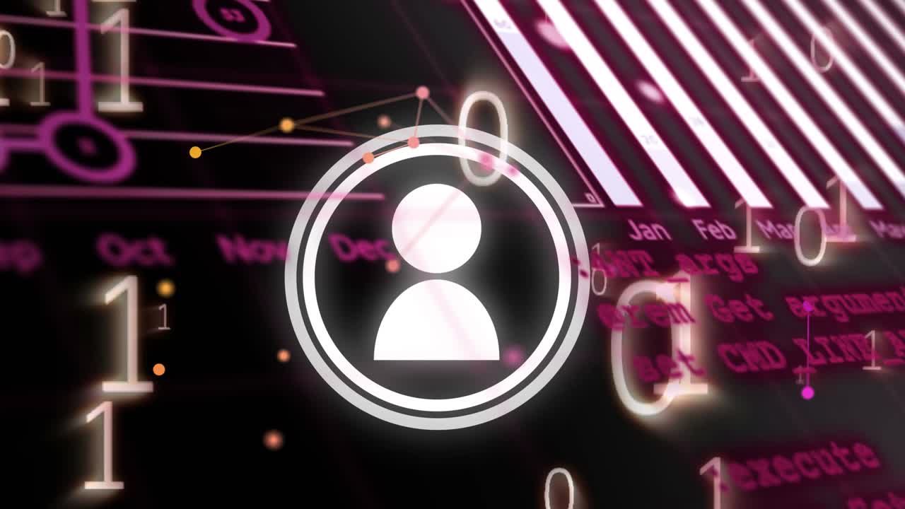 Animazione di elaborazione dati su icone multimediali.