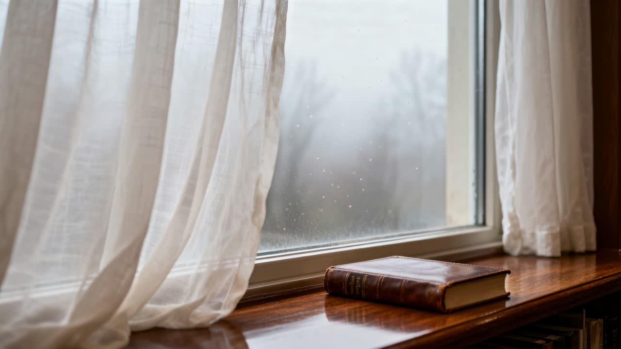 Billowing left curtain shifting from gentle gust, leather book resting on windowsill, copy space