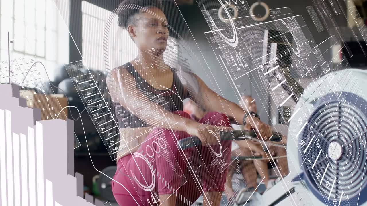 Woman gripping handle starting strokes, men mirroring, HUD overlays tracking fitness metrics