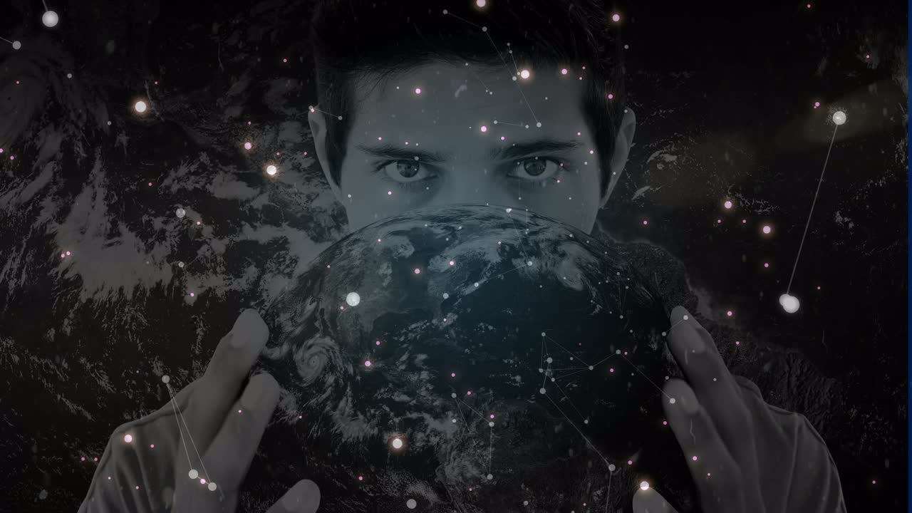 Animation of caucasian man with globe over data processing