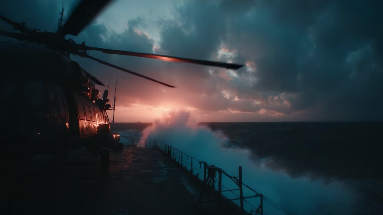 A Majestic Sunrise Unfolds Over the Churning Sea, Captured from a Helicopter's Perspective, Highlighting the Dark Clouds and Waves in the Foreground