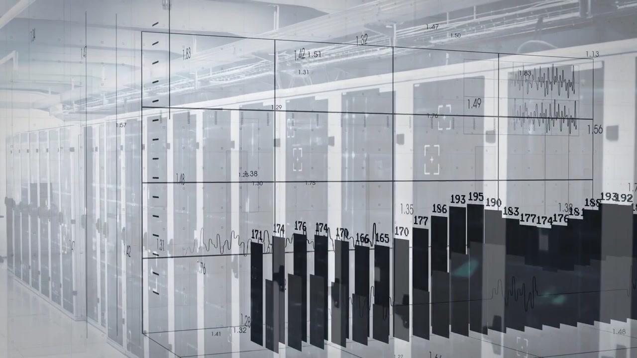 Server cabinets filling data hall grid drawing then spawning 3D bars showing load and waveform