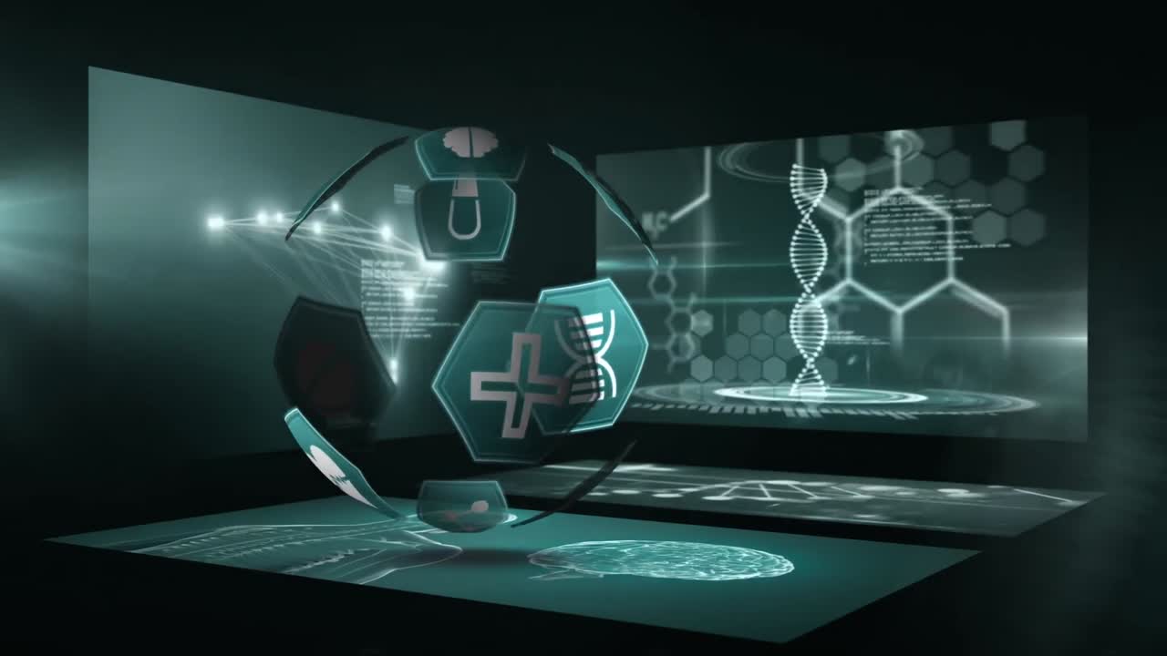 globo fatto di icone mediche contro l'elaborazione di dati medici