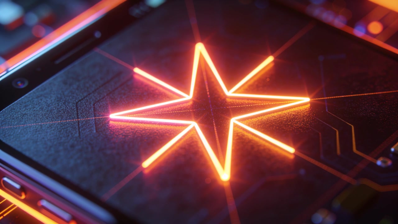 Emblema a stella neon a sei punte che si accende e pulsa su un modulo scuro in un primo piano macro, proiettando tracce di circuito.
