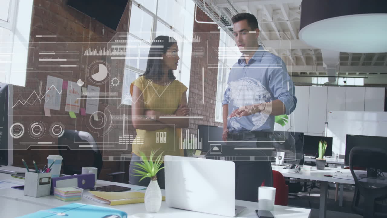 Discussing data analytics over digital interface, business professionals in modern office