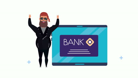 motorcyclist man with tablet and credit card