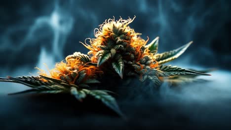 cannabis flower in smoke. cannabinoid-rich flowers showcase vibrant orange pistils surrounded by lush green leaves in a mysterious atmosphere.